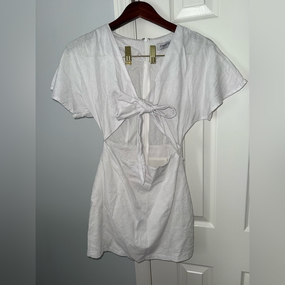 Etiquette Clothiers White Mini Dress with Bow Detail